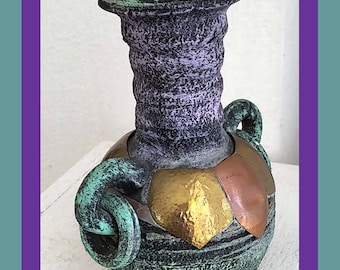 Vintage Mexicaans aardewerk - Kleine kleivaas / uit Puerto Vallarta, 1990 / Ringgrepen - Koper- en messingaccenten