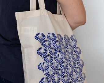 Organic Cotton Tote Bag with Flower Illustration, Long Handles, Eco Friendly Fabric Shopping Bag