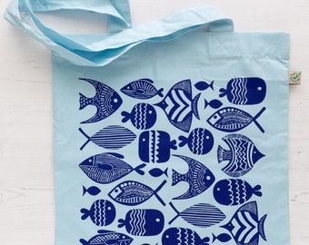 Organic Cotton Tote Bag with Fish Illustration, Long Handles, Eco Friendly Fabric Shopping Bag, Fair wear