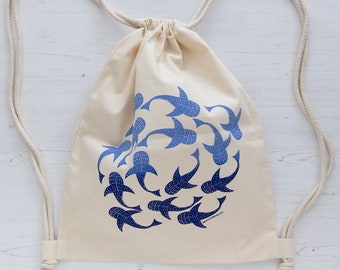 Organic Cotton 'Whalesharks' Drawstring Bag in natural cotton with ombre blue print