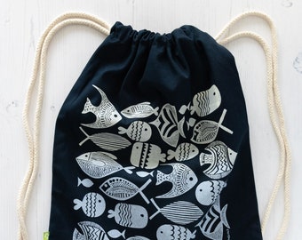 Organic Cotton 'Collection of Fishes' Drawstring Bag in Navy Blue, Eco Friendly gift, drawstring backpack, Fair wear, gym bag, animal design