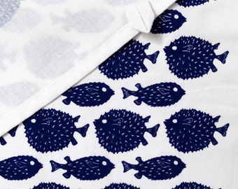 Organic cotton tea towel. Porcupine Fish. hand screen printed, 50x70 cm