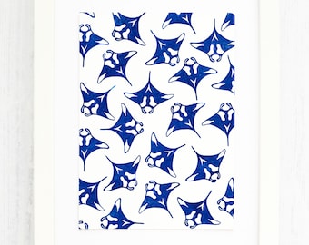 Manta Rays, Original Block Print, 21x15cm, blue