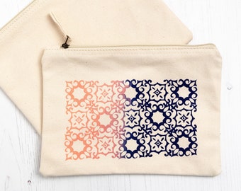 pencil case, makeup bag, accessories bag, natural zipper pouch with geometric pattern, hand screen-printed, ombre navy blue & peach pink