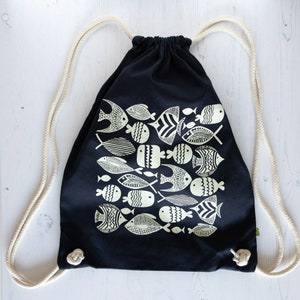 Organic Cotton 'Collection of Fishes' Drawstring Bag in Navy Blue, Eco Friendly gift, drawstring backpack, Fair wear, gym bag, animal design image 1