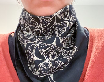 Bandana 'Ginkgo Leaves', 100% Cotton scarf, hand screen-printed, 51x51 cm, 20x20", beige on navy blue, royal blue, red or green