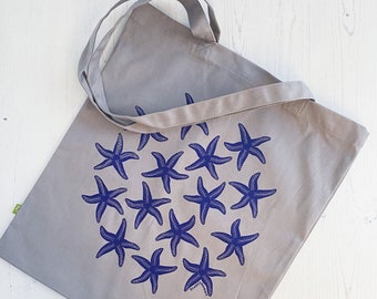 Organic Cotton Star Fish Tote Bag with peachy-beige print on blue, Eco Friendly Fabric Shopping Bag with Long Handles