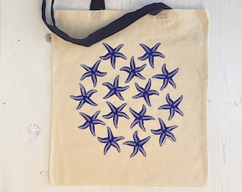 Organic Cotton Starfish Tote Bag in Navy Blue, Eco Friendly Fabric Shopping Bag with Long Handles, Fair wear, animal design