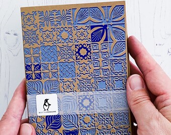 Tiles Card Set, 8 Greeting Cards, Any Occassion Card, Tile Pattern Print,Blank inside, Kraft paper, Hand Printed, Blue metallic,Just because