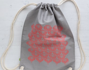 Organic Cotton Drawstring Bag, pink on grey, Eco Friendly gift, drawstring backpack, Fair wear, gym bag