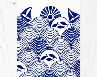 Seigaiha Sunset, Original Block Print, 21x15cm, Geometric Print, Blue