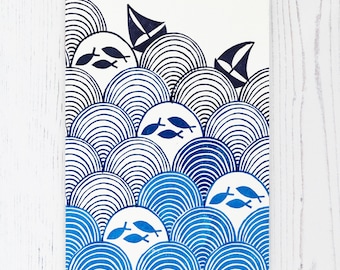 Seigaiha Sailboats, Original Block Print, 21x15cm, Geometric Print, Blue Colours