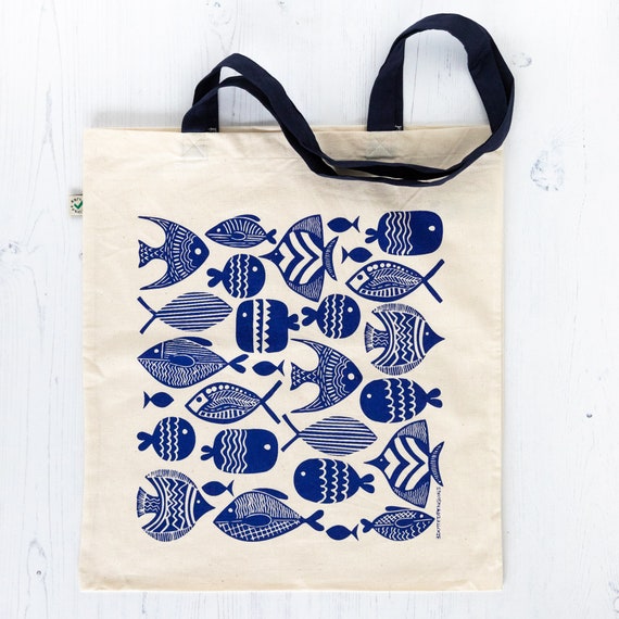 Organic Cotton Tote Bag With Quirky Handmade Fish Illustration in Navy  Blue, Long Handles, Eco Friendly Fabric Shopping Bag, Fair Wear 