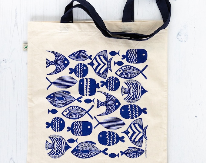 Organic Cotton Tote Bag with Quirky Handmade Fish Illustration in Navy Blue, Long Handles, Eco Friendly Fabric Shopping Bag, Fair wear
