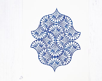 Original Block Print 'Ornaments II' from Hand Carved Stamp, Blue, 30x21cm, Blue, Linocut Print Wall Art, Geometric Art