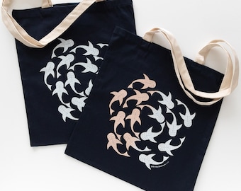 Organic Cotton Tote Bag.  'Whaleshark' with beige or ombre peachy-beige print on blue, Eco Friendly Fabric Shopping Bag with Long Handles