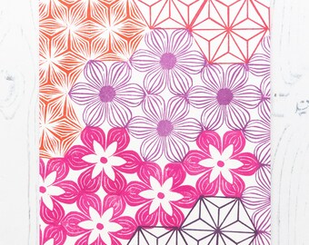 Original Block Print, 21x15cm, Flower Print, Warm Colours