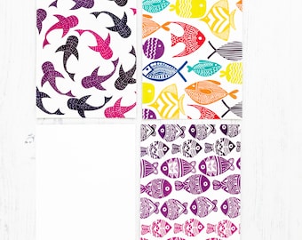 Fish Postcard Set. Marine Animal Postcard Pack, Set of Blank Post Cards, Post Card Art, Stationery Gifts, Block Printed Design
