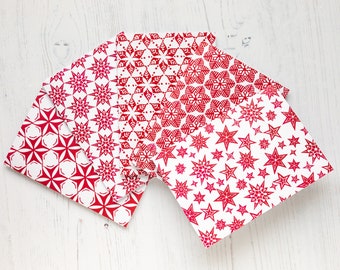 Christmas Card Set, 5 Greeting Cards for the holiday season with block printed designs in red, blank inside, including Envelope