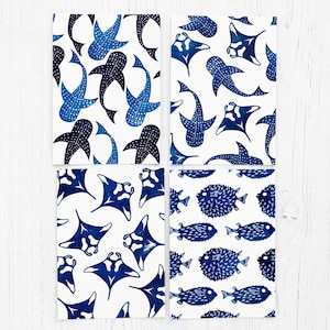 Fish Postcard Set, Marine Animal Postcard Pack, Set of Blank Cards, Post Card Art, Stationery Gifts, Block Printed Design