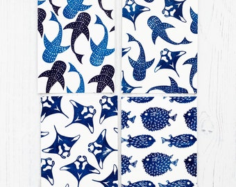 Fish Postcard Set, Marine Animal Postcard Pack, Set of Blank Cards, Post Card Art, Stationery Gifts, Block Printed Design