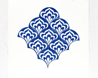 Original Block Print 'Ornaments IV' from Hand Carved Stamp, Blue, 20x20 cm, Linocut Print Wall Art, Geometric Art