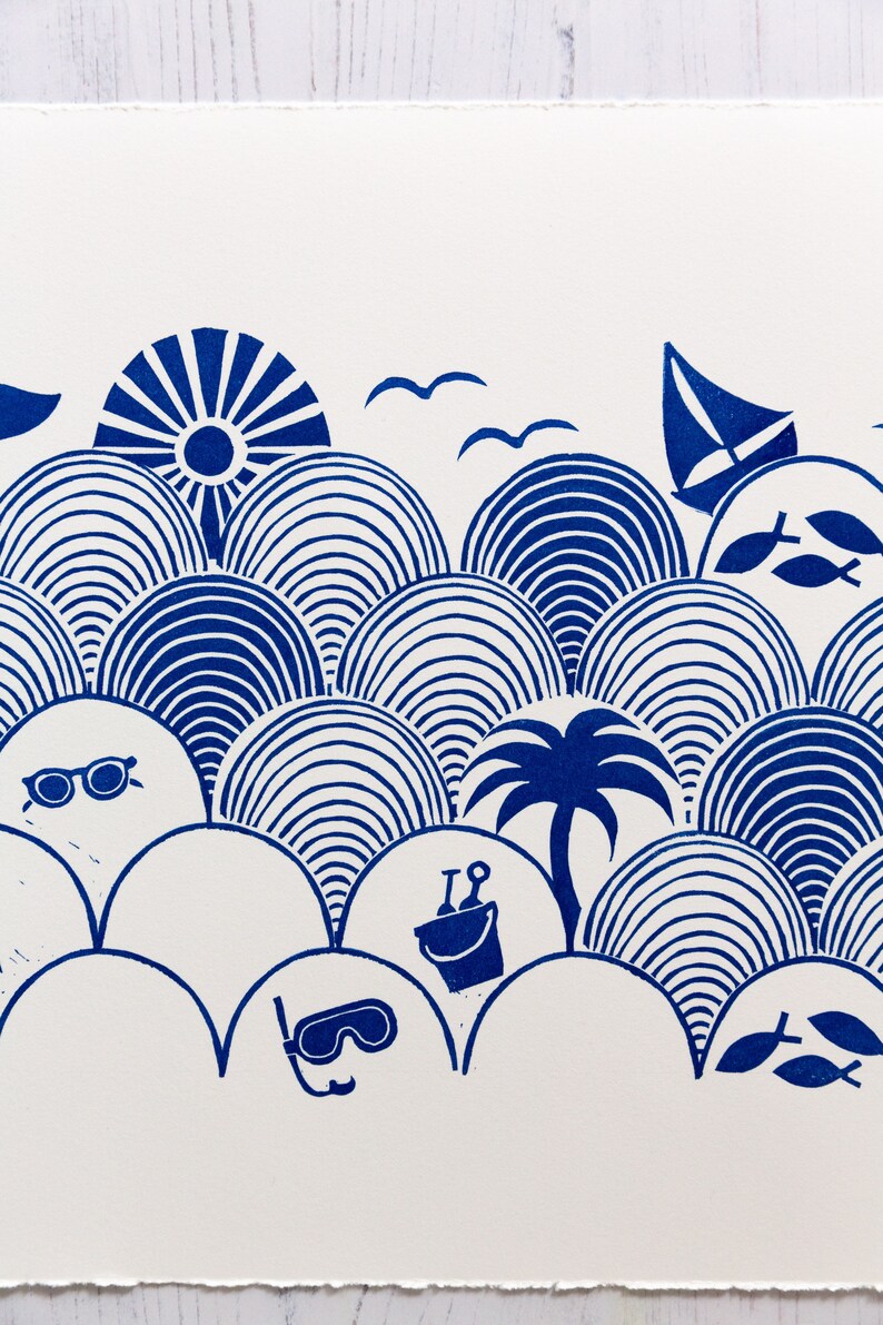 Seigaiha Beach 25x60cm9.8x23.6 blue colors Limited Edition Original Blockprint