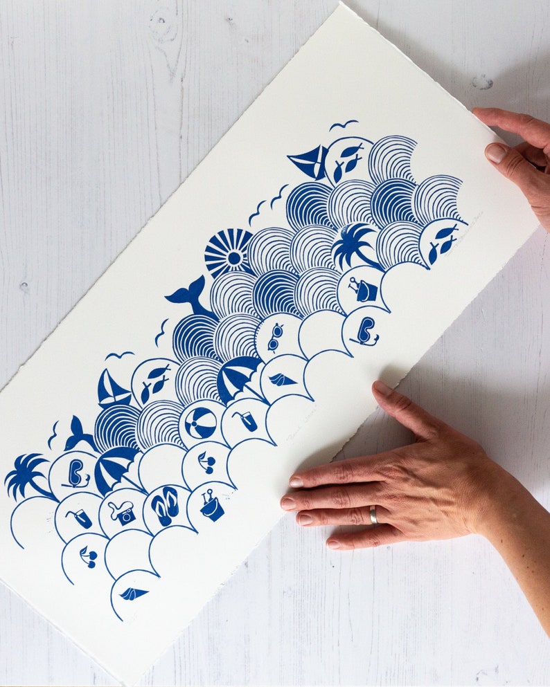 Seigaiha Beach 25x60cm9.8x23.6 blue colors Limited Edition Original Blockprint