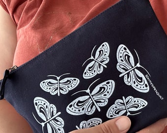 Butterfly zipper pouch, hand screen-printed, light blue on dark blue. Use as pencil case, makeup or accessories bag.