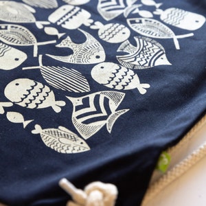 Organic Cotton 'Collection of Fishes' Drawstring Bag in Navy Blue, Eco Friendly gift, drawstring backpack, Fair wear, gym bag, animal design image 3