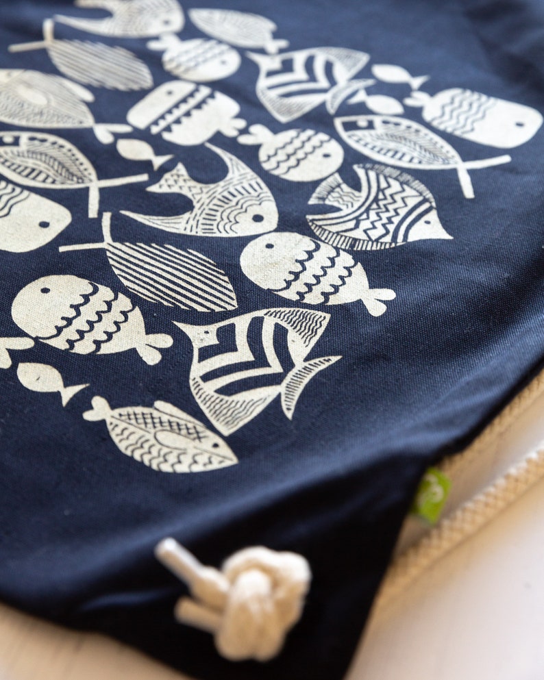 Organic Cotton 'Collection of Fishes' Drawstring Bag in Navy Blue, Eco Friendly gift, drawstring backpack, Fair wear, gym bag, animal design image 3