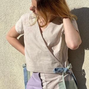 Linen Blend Overlapped V-Neck Blouse: Patching, Hand Painted Print, STANDARD 100 by OEKO-TEX
