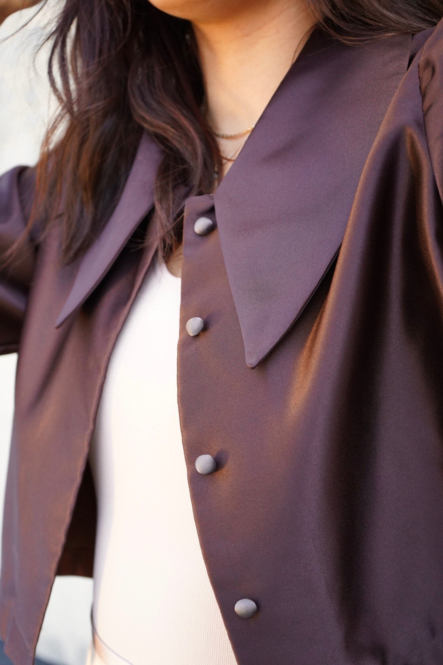 Satin Button-Down Blouse: 3/4 Sleeves, Wing-Tip Collar, Embroidery