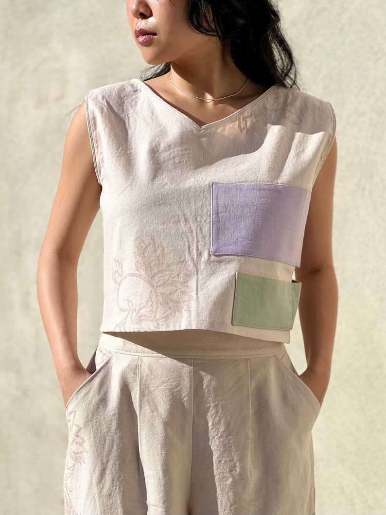 Sleeveless V-Neck Blouse Linen Blend Patching Sustainable STANDARD 100 by OEKO-TEX 画像 3