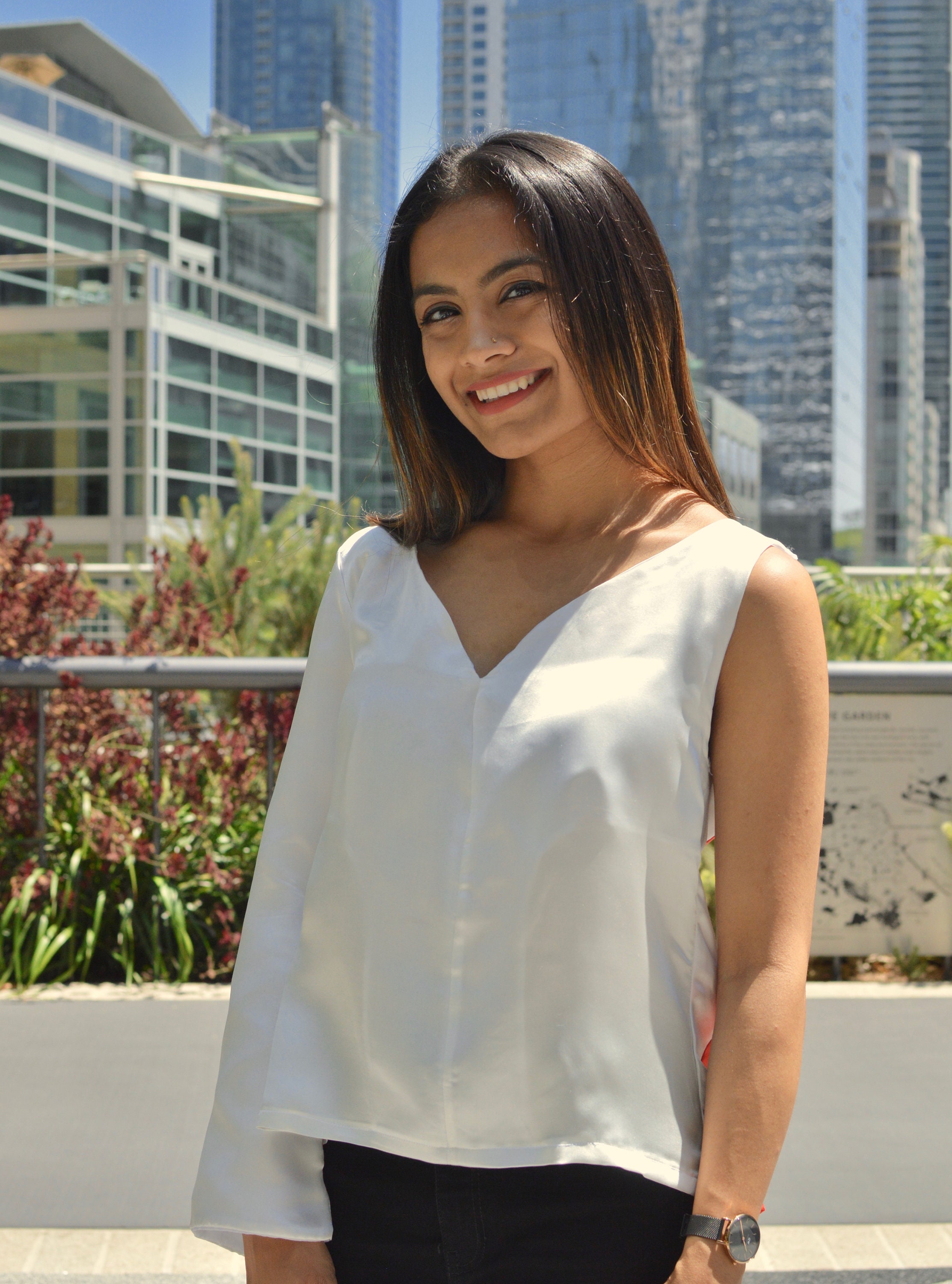 Asymmetrical One-Sleeved Blouse | Silk-Blend | Pleated Back | Custom Printed Textile