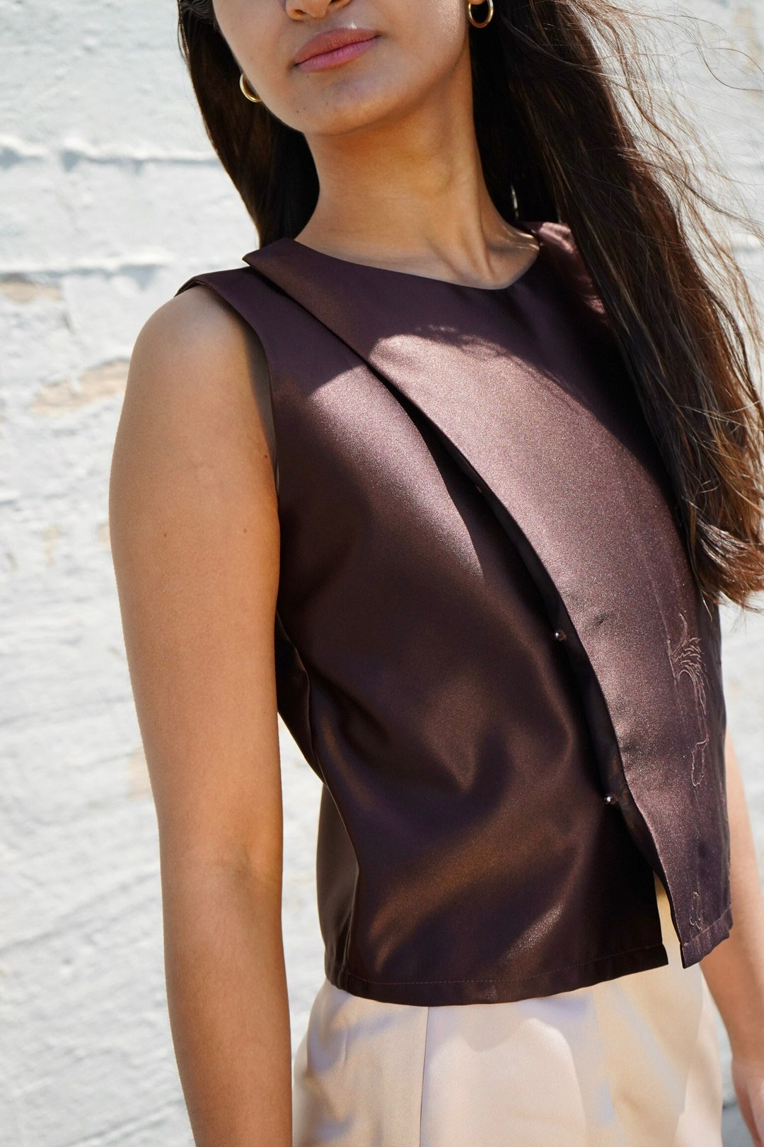 Sleeveless Buttondown Blouse Asymmetrical Design Satin Etsy