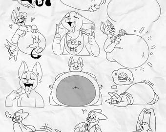 May include: A black and white digital illustration sheet featuring multiple line art sketches of an anthropomorphic animal character with an enlarged belly. The drawings include text bubbles with the words BRAAAP, GROAN, FAT, and FEED ME, plus a burger icon.