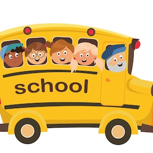 May include: A yellow school bus with a sign that says "school" on the side. There are five people looking out of the windows, including a teacher and four children.