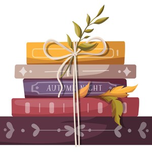 May include: A stack of five books tied together with twine and a sprig of green leaves. The top book is yellow, the second is beige, the third is purple with the text "Autumn Night", the fourth is red, and the bottom book is purple with a decorative pattern.