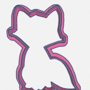 May include: A pink and blue cookie cutter in the shape of a fox. The cutter has a detailed design with a pointed snout, large ears, and a bushy tail.