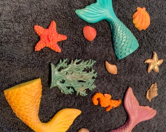 Ocean Themed Toppers, Under the Sea Fondant toppers, Mermaid Tails and shells, Fondant Decorations, Cupcake Fondant Decorations