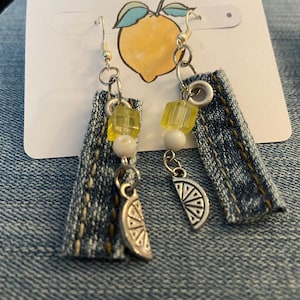 Upcycled Denim Lemon earrings / lemonade earrings / lemon earrings / denim jewelry / beaded jewelry / Birthday gift earrings