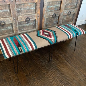 Southwest Rug Bench- Long 60"- Tan and Teal Diamond Pattern