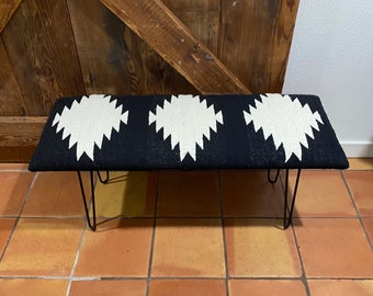 Southwest Rug Bench – 42" – Black & White Aztec Pattern