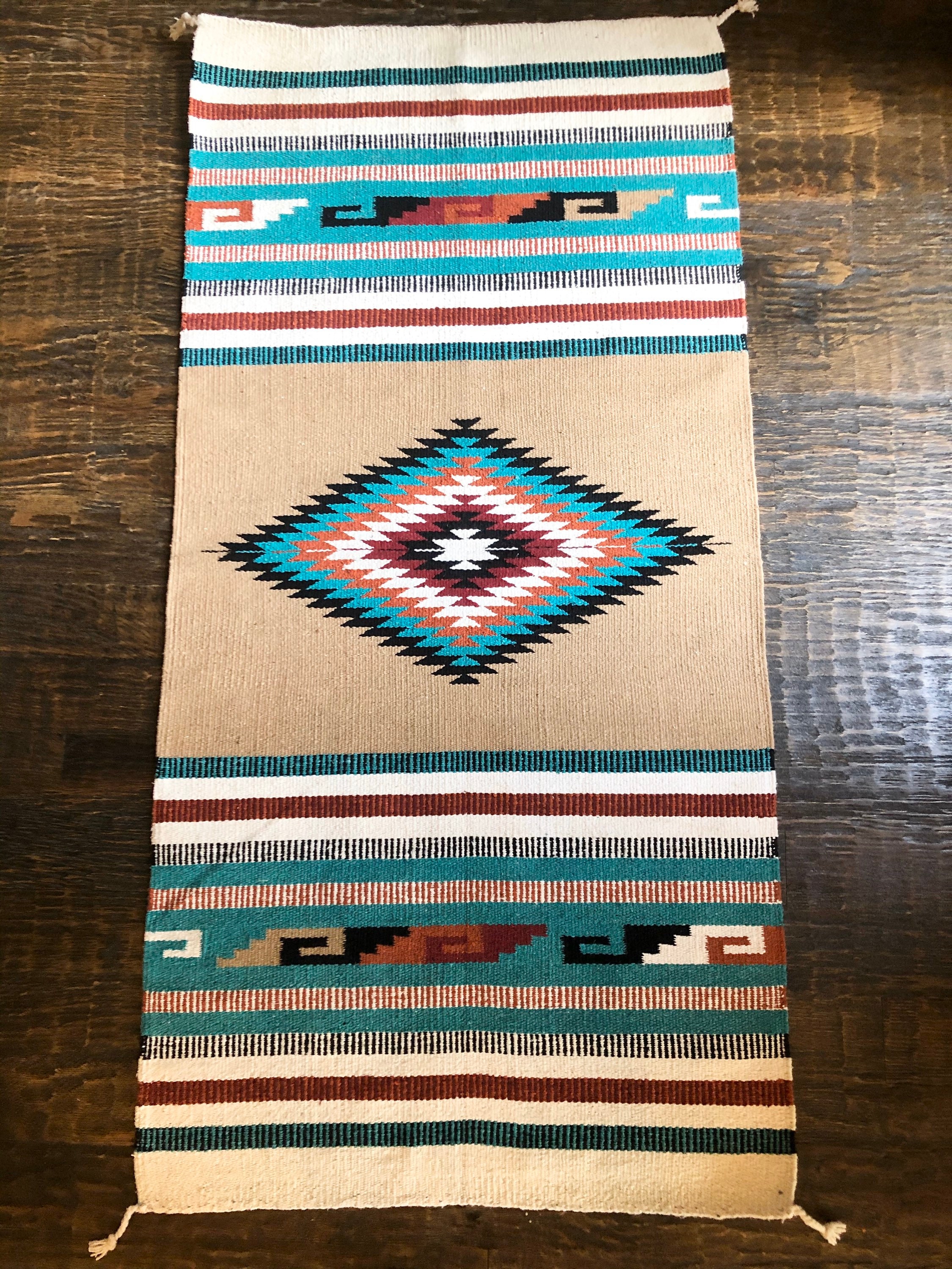 Tan and Teal Aztec Rug Tribal Rug Southwestern Throw Rug | Etsy