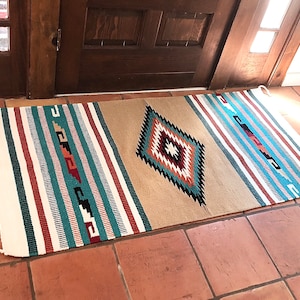 Tan & Teal Aztec Acrylic Rug: Boho Entryway Accent (32x64)