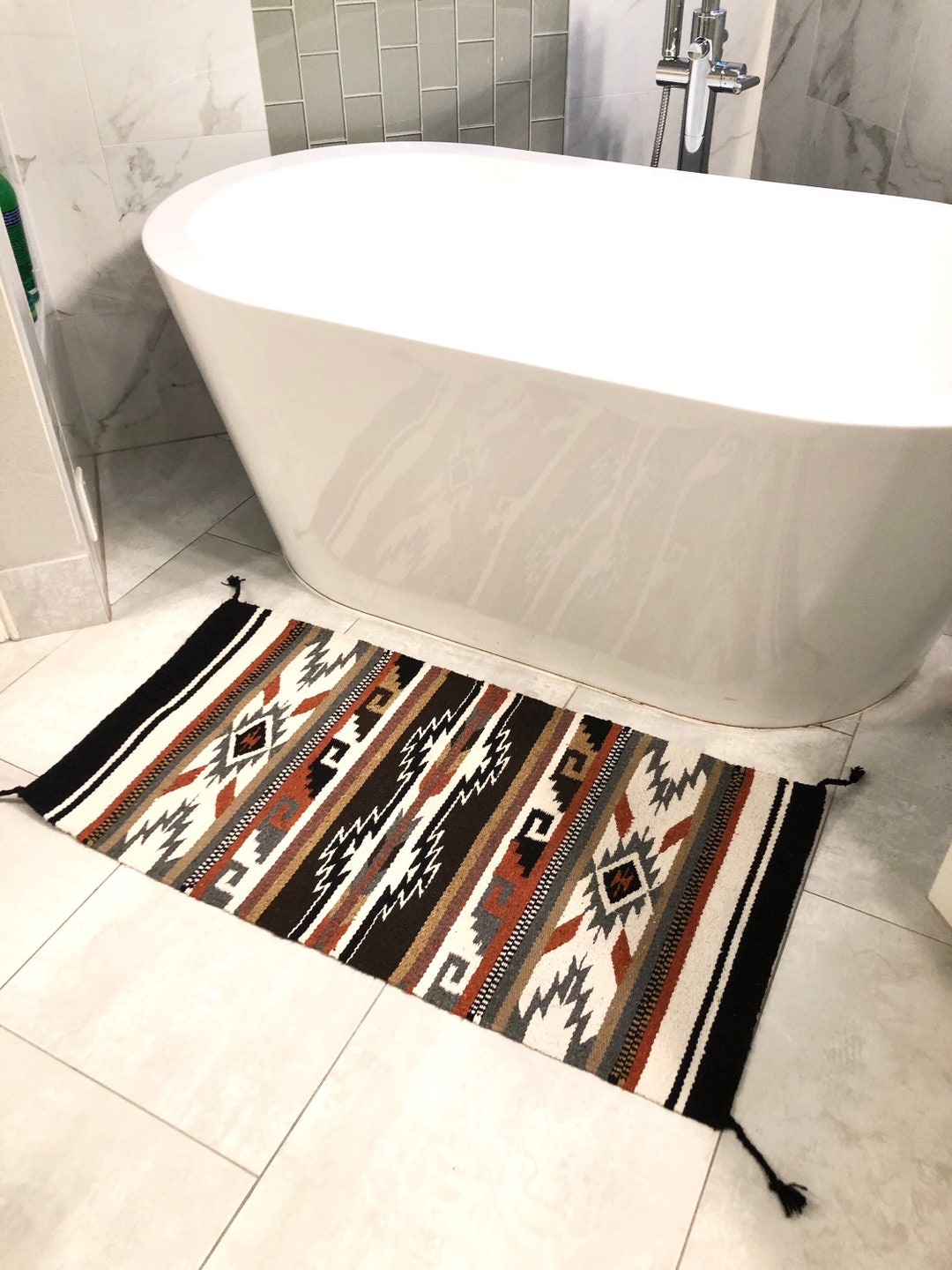 Tan Aztec Rug Small Aztec Throw Rug: White and Tan Boho Bathmat (20