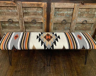 Southwest Rug Bench – Long 60" - White Aztec Diamond Pattern