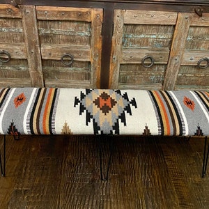 White Aztec 60” long upholstered bench with metal mid-century hairpin legs. Unique Southwest inspired custom padded bench, made to order.