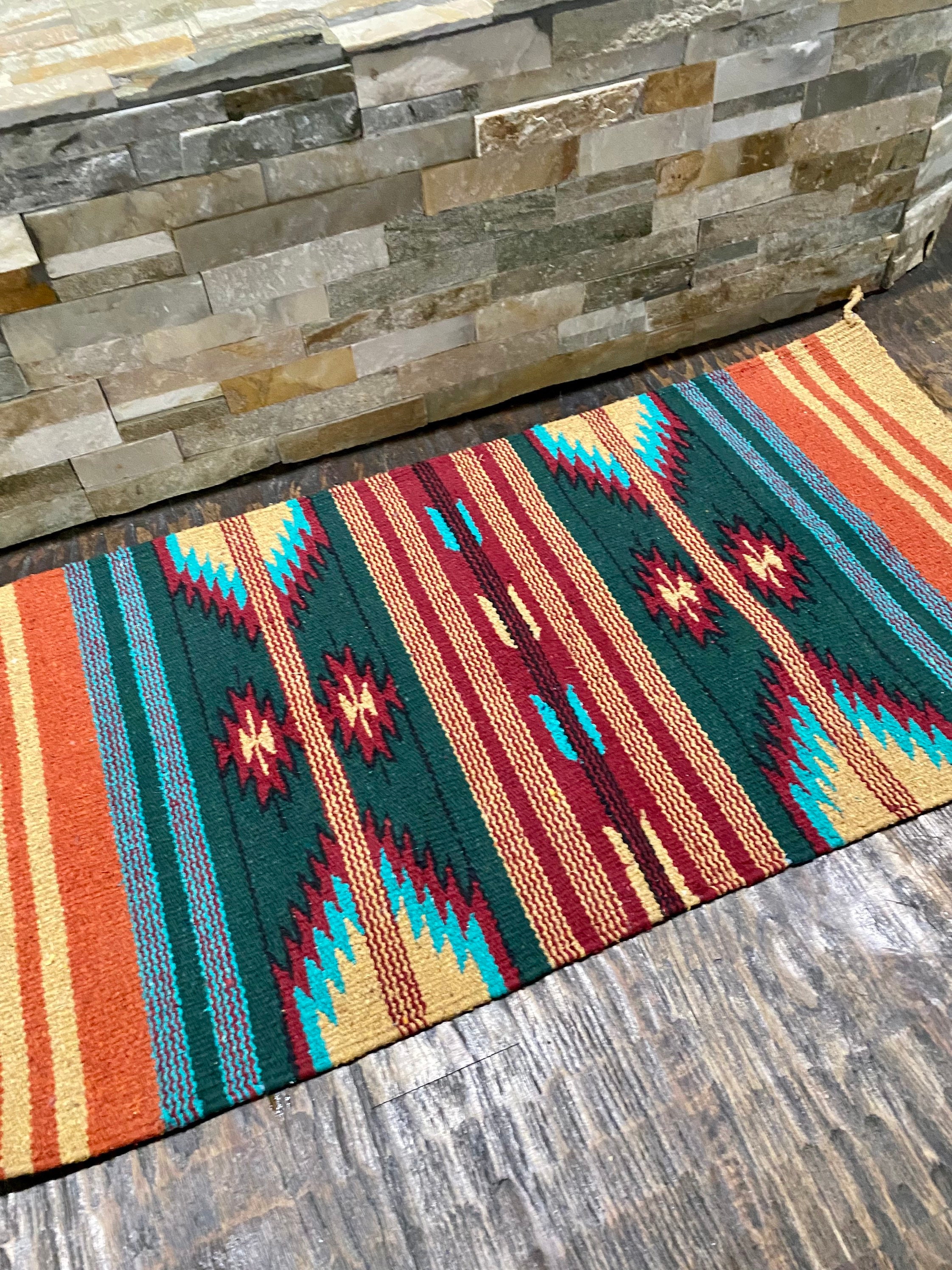 Green Aztec Rug Green and Gold Aztec Rug, Southwestern Patterned Throw Rug (20x40 ...